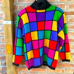 Vintage Rafaella pullover turtleneck multi colored squares sweater angora wool